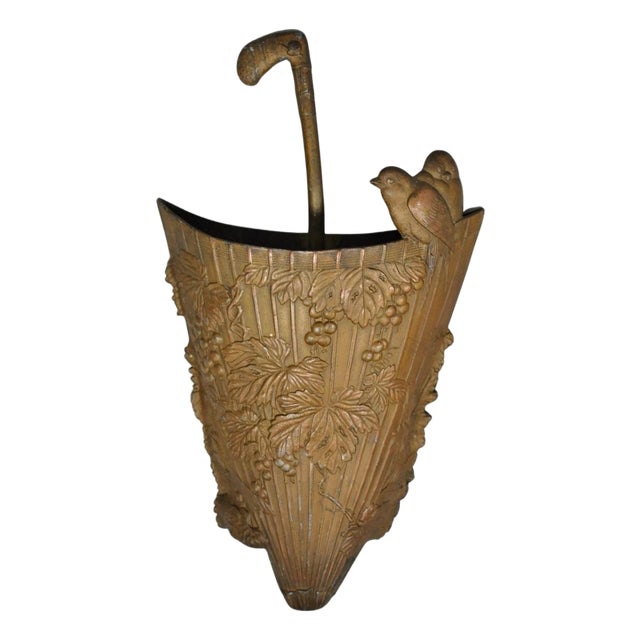 Antique French Art Nouveau Cast Metal Figural Umbrella Form Wall Pocket For Sale