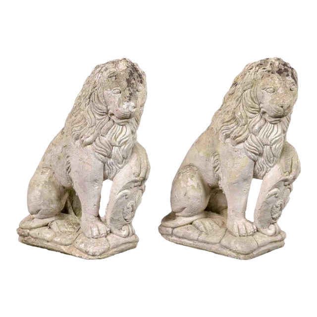 Pair of Vintage French Cast Stone Seated Lion Garden Statues For Sale