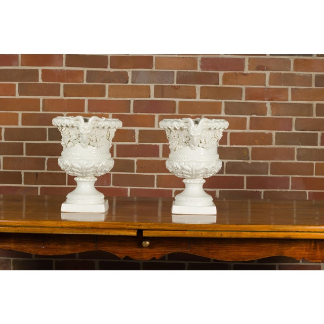 Ceramic Pair of Blanc de Chine Midcentury Urns with Rams Heads and Ivy Leaves For Sale - Image 7 of 12