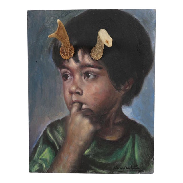 1960's Original Portrait of a Little Boy Altered With Antlers For Sale