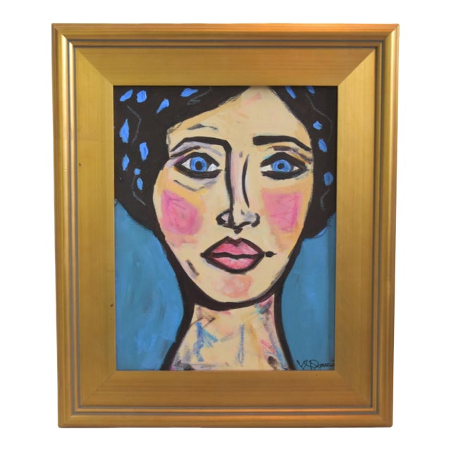 Contemporary Modern Woman Portrait Painting Including the Antiqued Gold Wood Frame For Sale