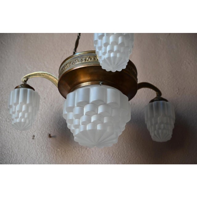 Art Deco Brass and Frosted Pressed Glass Chandelier, 1920s For Sale - Image 11 of 18