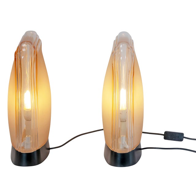 Pair of vintage Murano Due table lamps from 1980's. Table lamps creaded in sleek square form beige color Murano glass on...