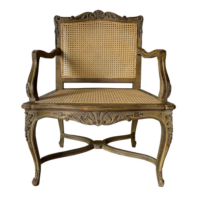 1970s Hollywood Regency French Louis XV Style Carved Wood Cane Fauteuil Armchair For Sale