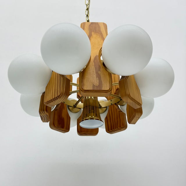 Vintage Pine Wooden Chandelier with Glass Globes, 1970s For Sale - Image 16 of 18