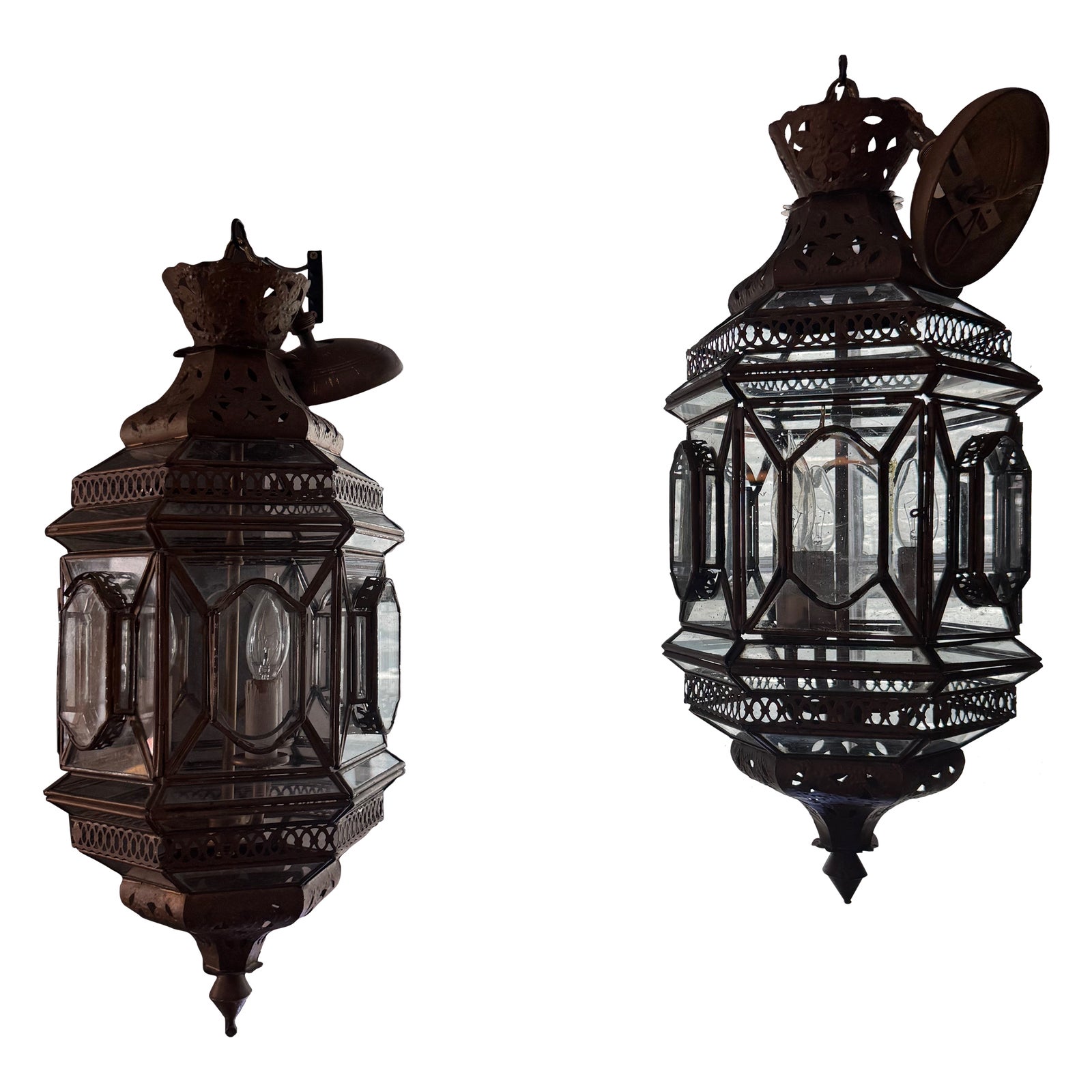 Vintage Pair of Moroccan Lanterns- Hard Wired | Chairish
