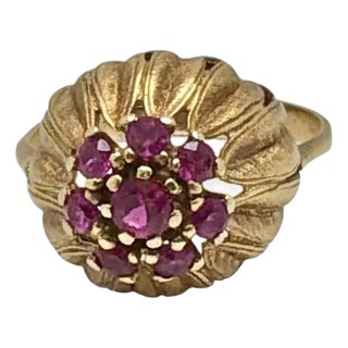 14k Gold Ruby Cluster Cocktail Ring Vintage For Sale