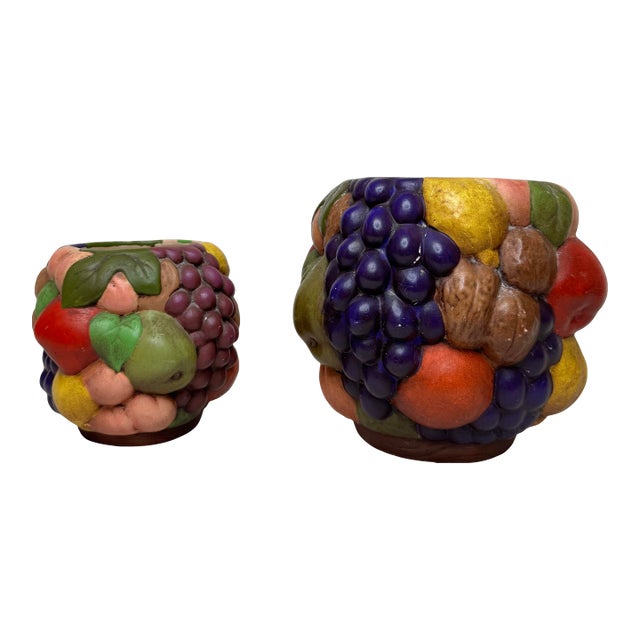 Mid Century Traditional Style Fruit Multicolor Ceramic Vases- a Pair For Sale