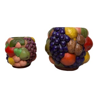 Vintage Mid Century Traditional Style Fruit Multicolor Ceramic Vases- A Pair For Sale