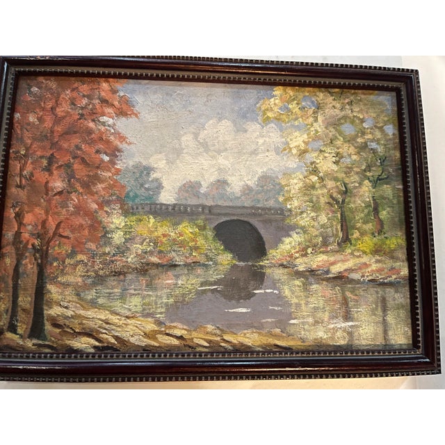 Realism Autumn Foliage Landscape With a Stream and Bridge Oil on Board Painting For Sale - Image 3 of 6