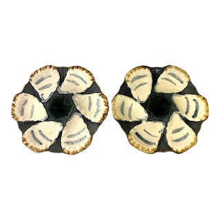 Pair of Antique French Ironstone Majolica Oyster Dishes by Faïencerie De Longchamp For Sale