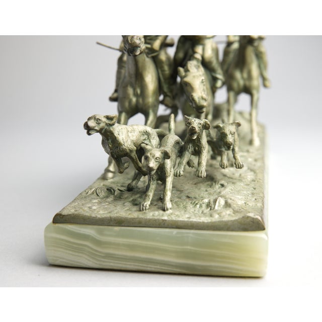 Continental Gilt Metal Equestrian Hunt Group, Circa 1900 — Riders, Horses & Hounds on Green Onyx Base For Sale - Image 10 of 14