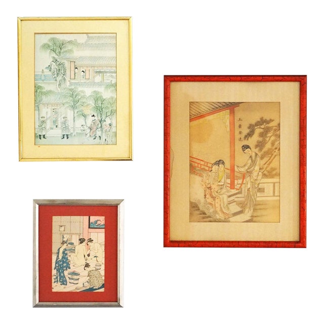 Three Japanese Woodblock Genre Prints by Torii Kiyonaga & Unknown Artist 20thC - Set of 3, Framed For Sale