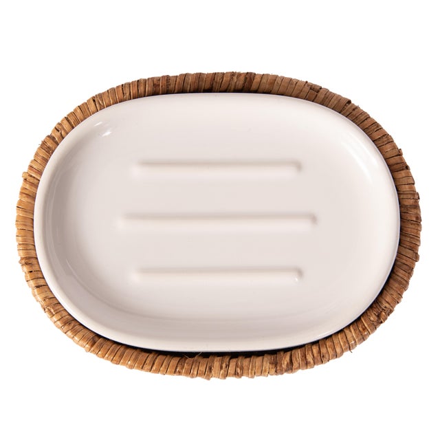 Artifacts Rattan Oval Soap Dish with Ceramic Insert, Honey Brown For Sale - Image 4 of 5