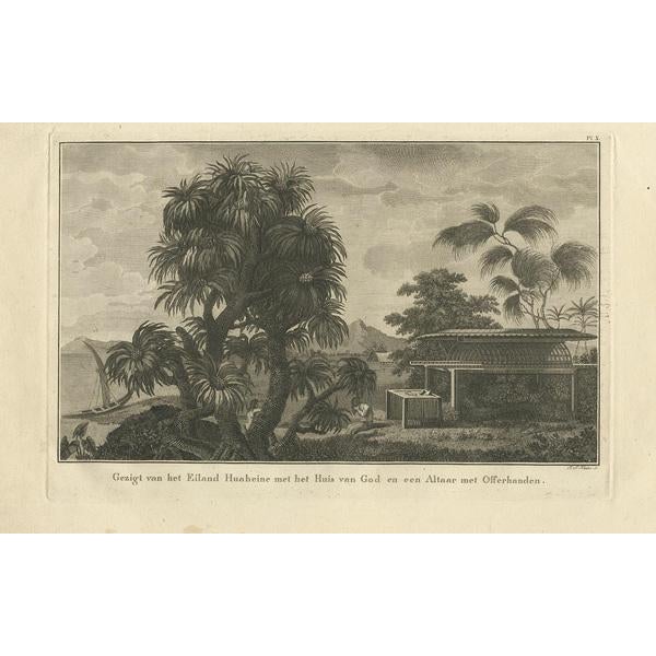Antique print titled "View of the Island of Huaheine with the House of God and an Altar with Sacrificial Hands." This...