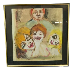 Mino Maccari, Portraits, 20th Century, Watercolor Painting on Paper, Framed