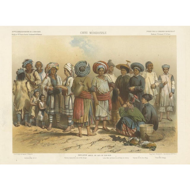 This vibrant lithograph, part of the monumental 'Voyage d'exploration en Indo-Chine,' depicts a group of diverse ethnic...