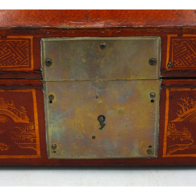 Red Circa 1860 Chinese Domed Top Pigskin Leather Scroll Case Box For Sale - Image 8 of 8