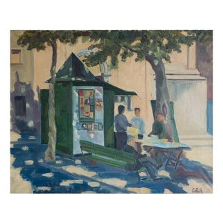 Català, European Street Scene with Newspaper Kiosk, Mid-20th Century, Oil Painting on Canvas, Framed For Sale