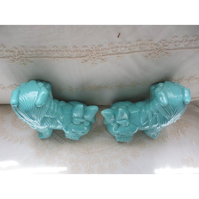 Pair Vintage Turquoise Chinese Jingdezhen Porcelain Foo Lions 9.5" For Sale - Image 9 of 11
