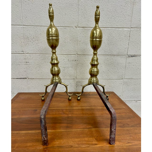 Vintage Brass Federal Style Fireplace Andirons Dog Irons Fire Dogs - Pair For Sale - Image 9 of 10