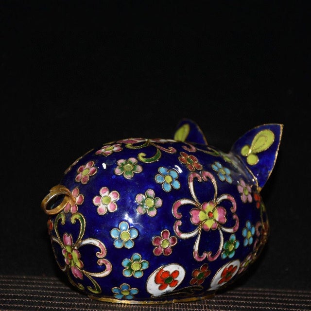 Handmade Cloisonne Pig Figurine, Deep Blue Ground Wire Inlaid Floral Motif, Chinoiserie Table Decor For Sale - Image 4 of 9