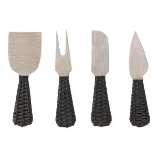 Artifacts Rattan Stainless-Steel Cheese Knives with Gift Box in Black - Set of 4 For Sale