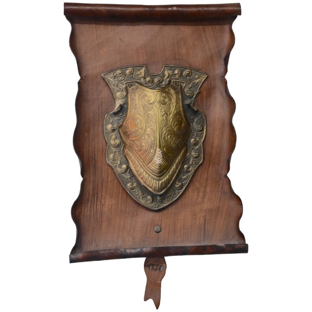 Vintage Bronze Shield on Rustic Leather Scroll Wall Hanging For Sale - Image 10 of 10