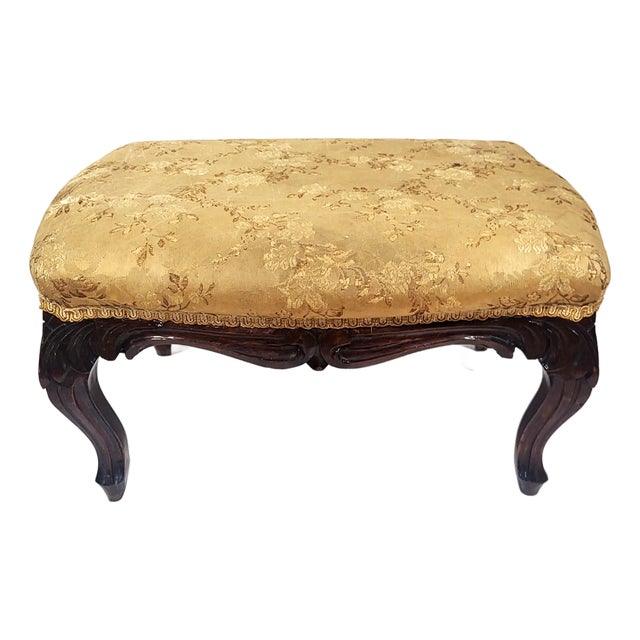 American Victorian 19th C Carved Mahogany Upholstered Footstool Bench For Sale