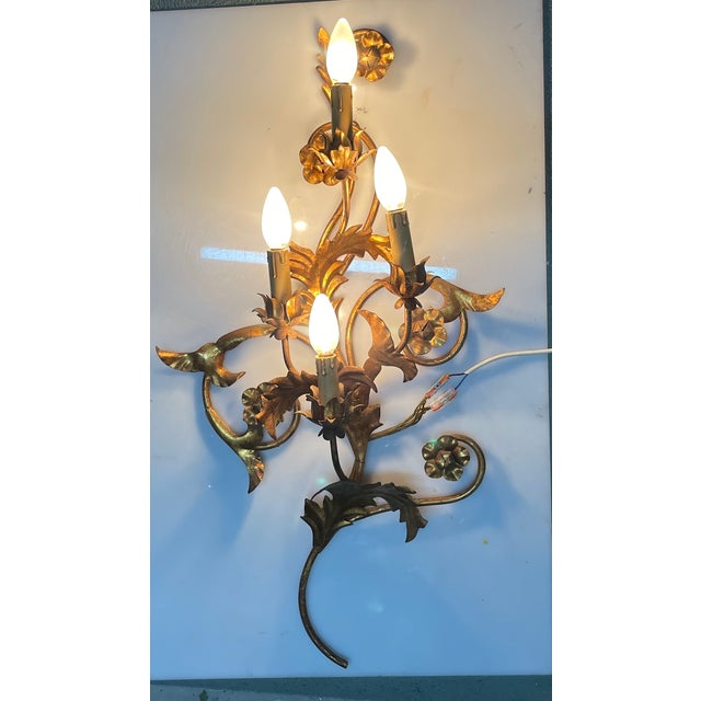 Large Florentine Gold Gilded Tole Sconces, 1960s, Set of 2 For Sale - Image 3 of 13
