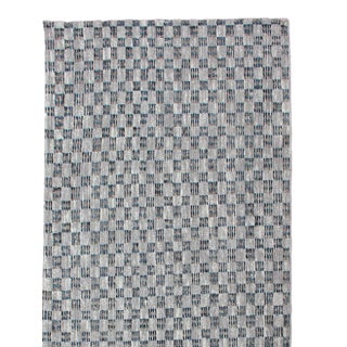 Cream, Gray and Blue Modern Rug Checkered Runner in Casual Modern Design For Sale