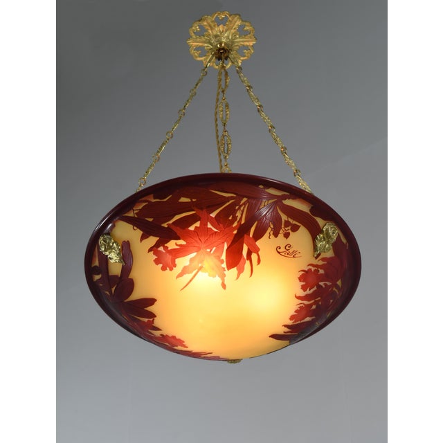 Metal Galle French Art Deco Pendant Light 1920s - Large Cameo Glass Bowl For Sale - Image 7 of 18