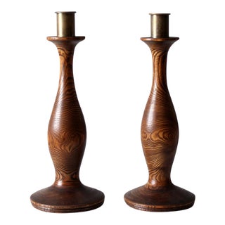 Vintage Wood Candlestick Holders Pair For Sale