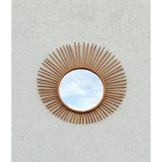 French Rattan Wicker Sunburst Asymmetric Wall Mirror, 1960s For Sale - Image 12 of 14