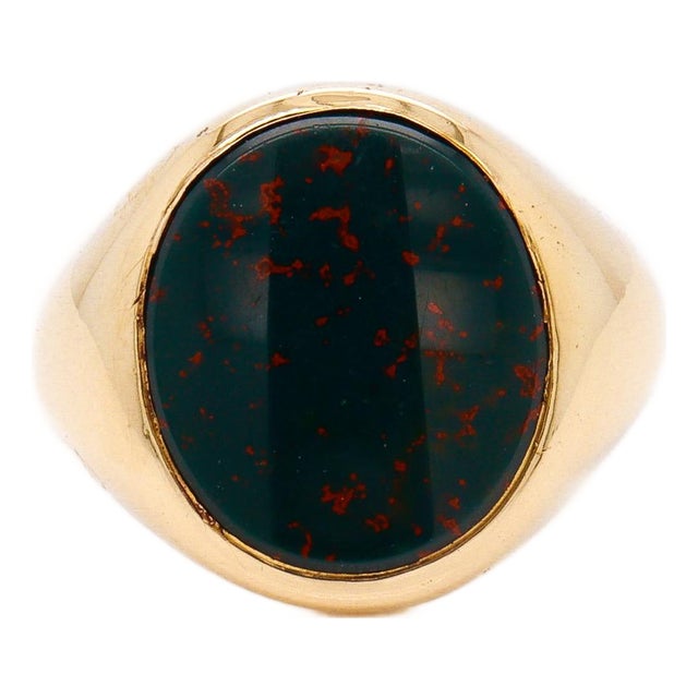 Vintage 14k Gold & Bloodstone Cabochon Signet Ring by Jones & Woodland For Sale