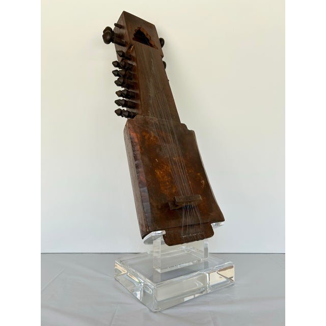 Indian Vintage Decorative Sarangi Mounted on Lucite Base For Sale - Image 3 of 12