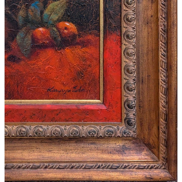 Framed Oil on Canvas Still Life Painting With a Bronze Vase Fruits and Flowers For Sale - Image 4 of 5