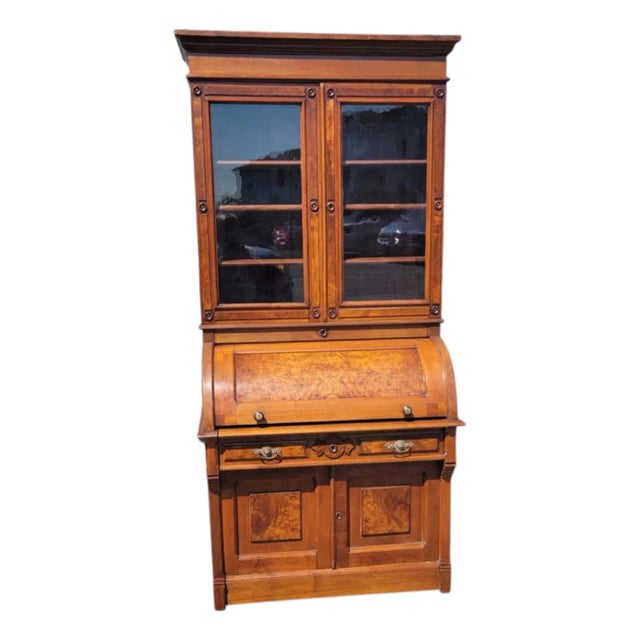 19th C American Walnut Secretary Bookcase Cabinet Roll Top Desk Refurbished For Sale