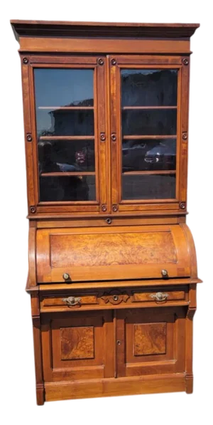 19th C American Walnut Secretary Bookcase Cabinet Roll Top Desk Refurbished