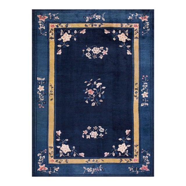1930s Blue Navy Floral Antique Chinese Peking Rug 6'4" X 8'8" Handknotted Wool Carpet For Sale