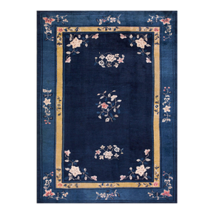 1930s Blue Navy Floral Antique Chinese Peking Rug 6'4" X 8'8" Handknotted Wool Carpet