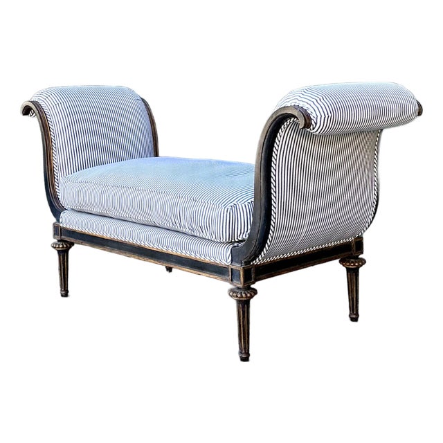 Vintage Nancy Corzine “Moliere” Ticking Stripe Scroll Bench For Sale