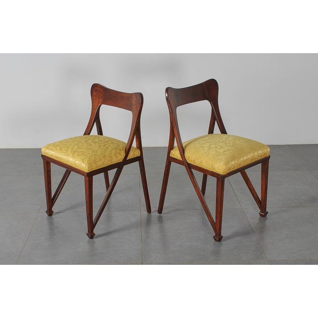 Liberty Style Shaped Wood and Yellow Fabric Chairs by V. Ducrot, Italy, 1920s, Set of 2 For Sale - Image 3 of 18
