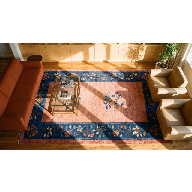 Remarkable Pink Rose and Navy Blue Color With Floral Desing Border Chinese Peking Rugs For Sale - Image 12 of 14