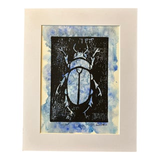 Original Hand-Carved Linocut Print Beetle With Watercolor - Rainwashed Variant For Sale