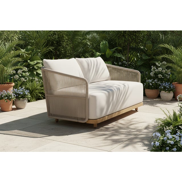 Alpine Teak Wood Outdoor Loveseat With Gray Rope Design For Sale - Image 14 of 15
