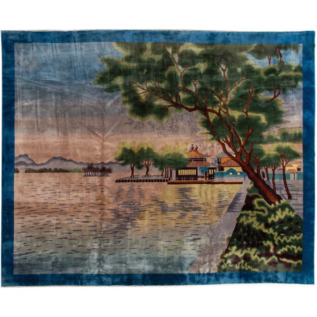 Antique Chinese Art Deco Blue Handmade Pictorial Oversize Wool Rug For Sale - Image 11 of 11