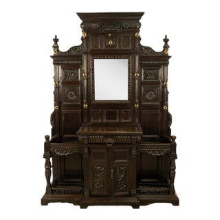 Antique Monumental Renaissance Revival Carved Oak Hall Tree Stand Mirror 1890 For Sale