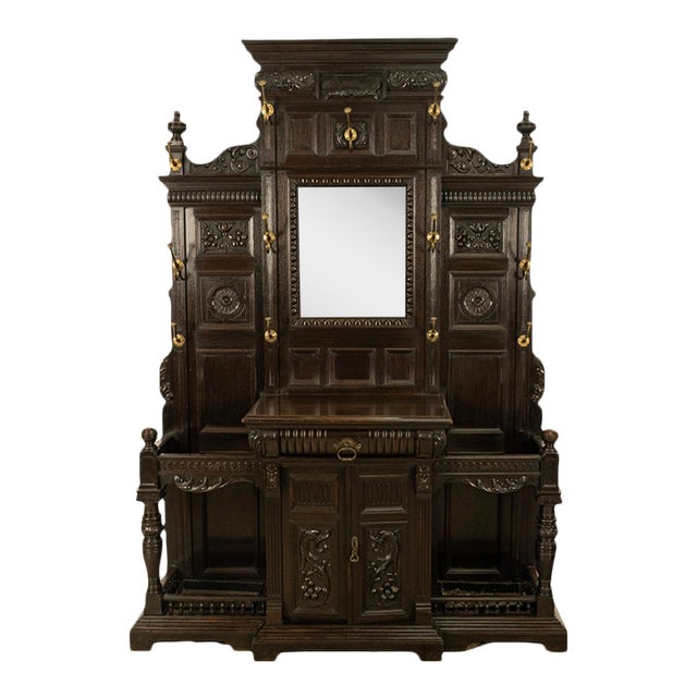 Antique Monumental Renaissance Revival Carved Oak Hall Tree Stand Mirror 1890 For Sale