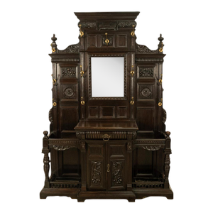 Antique Monumental Renaissance Revival Carved Oak Hall Tree Stand Mirror 1890